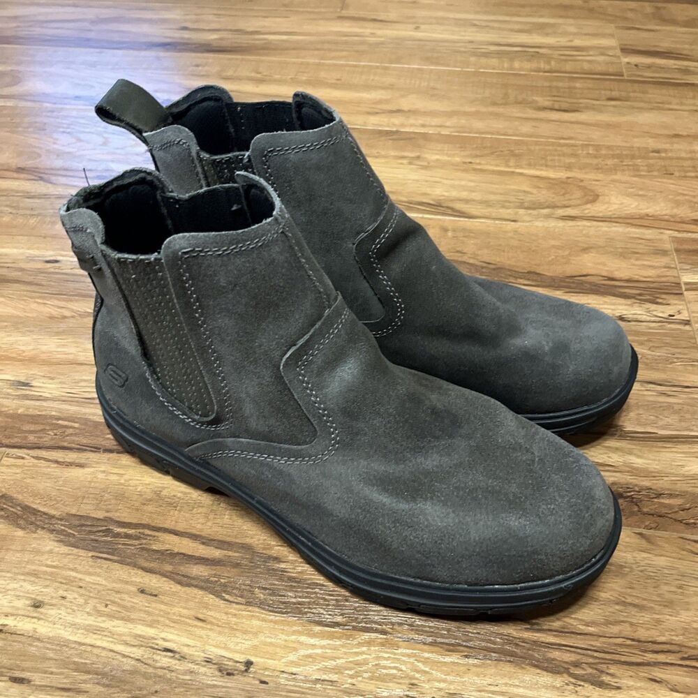 SKECHERS 64263 Dorton Charcoal Gray Suede Leather Pull On Boots Shoes Men's 12